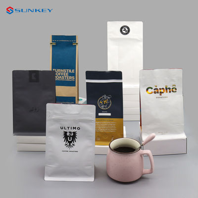 Tas Kemasan Kopi Teh Bawah Datar Tas Kopi Kompos Dengan Katup Dan Ritsleting